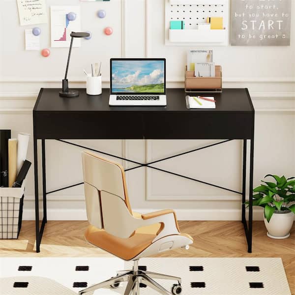 44 in. Rectangular Computer Desk Metal Frame Study Table Home Office Workstation w/2 Drawers Black
