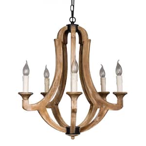 5-Light Wood Farmhouse Candle Style Empire Chandelier Dining Room Hanging Pendant Light