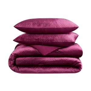 Sophia 3 Piece Maroon Embossed Velvet Polyester Queen Comforter Set