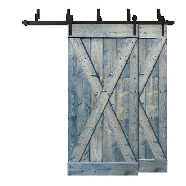 CALHOME 76 in. x 84 in. X Series Bypass Denim Blue Stained Solid Pine Wood Interior Double Sliding Barn Door with Hardware Kit