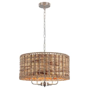 5-Light Nickel Drum Natural Rattan Seagrass Chandelier for Dining Room Kitchen Island with no Bulbs Included