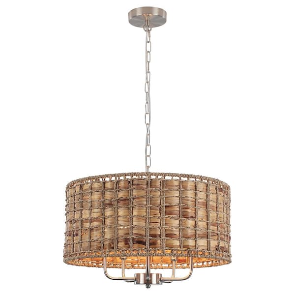 5-Light Nickel Drum Natural Rattan Seagrass Chandelier for Dining Room Kitchen Island with no Bulbs Included