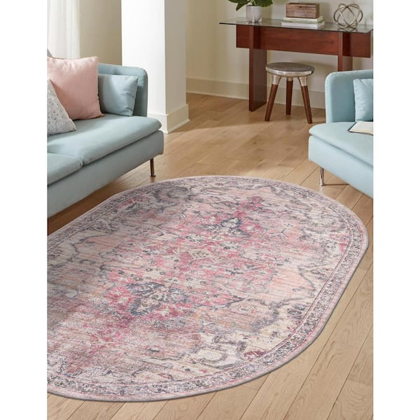 Nostalgia Meknes Beige Pink 4 ft. x 6 ft. Oval Machine Washable Area Rug