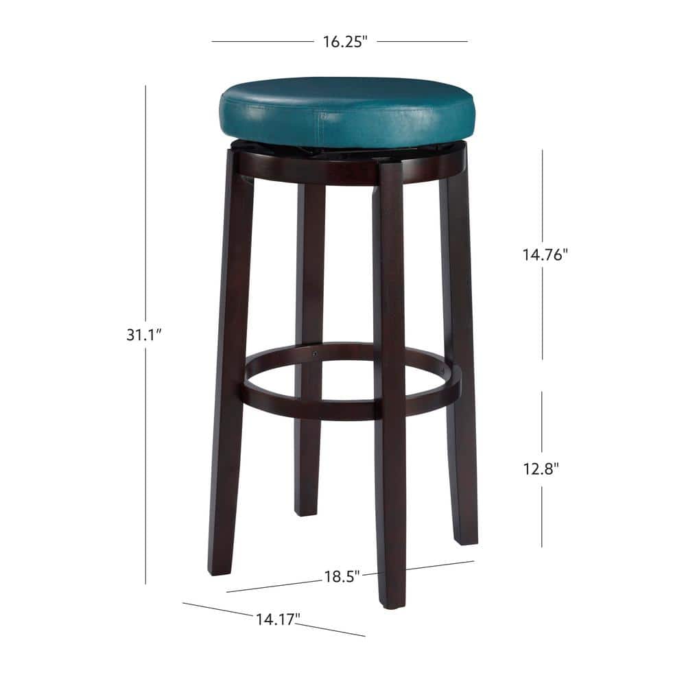 Teal Backless Swivel Wood and Leather Bar Stool