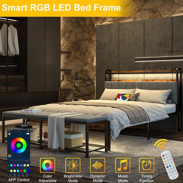 Smart 2-Piece Gray Metal Queen Bedroom Set-LED Platform Bed with Storage Bench and Fabric Headboard