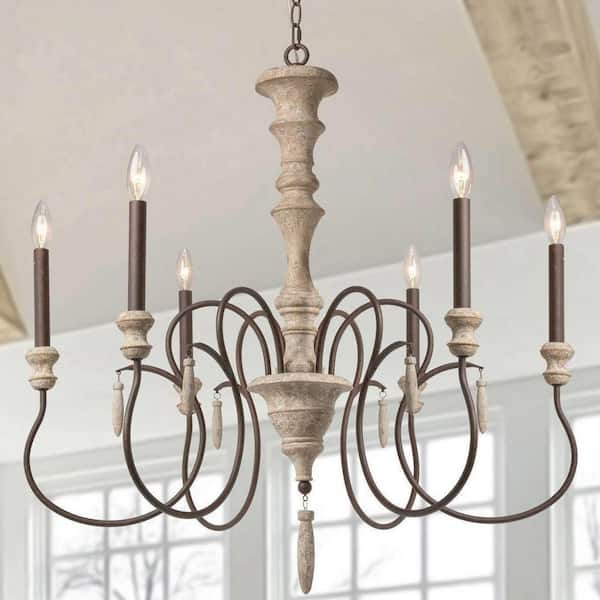 6-Light Aged Iron/Brown Candlestick Wood Chandelier French Country Farmhouse Antique Wood Hanging Light for Dining Room