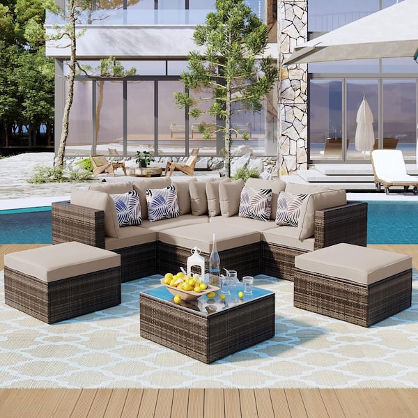 FORCLOVER Rounded Wicker 8 Seat 8-Piece Brown Wicker Patio Conversation Set with Beige Cushion and Colorful Pillows