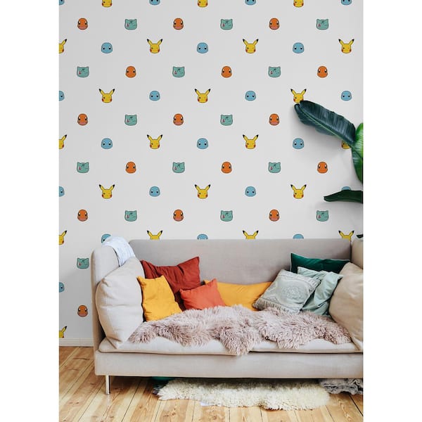 Pokemon Character Faces White Abstract Vinyl Peel and Stick Wallpaper Roll