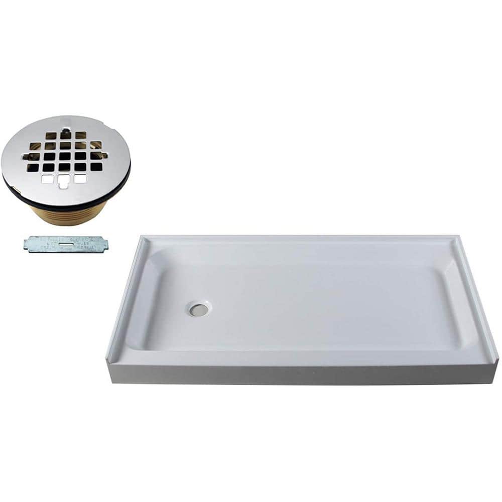 60'' White Acrylic Rectangular Shower Base with Polished Chrome Drain