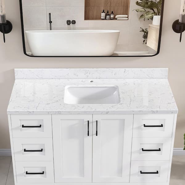 Kar 54.3 in. W x 22 in. D Carrara White Engineered Marble Vanity Top with Rectangular Single Sink and Backsplash