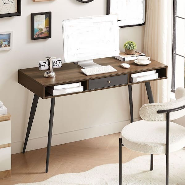 47.24 in. W Modern Writing Study Desk with USB Ports and Power Outlet Multifunctional Home Office Desk in Walnut