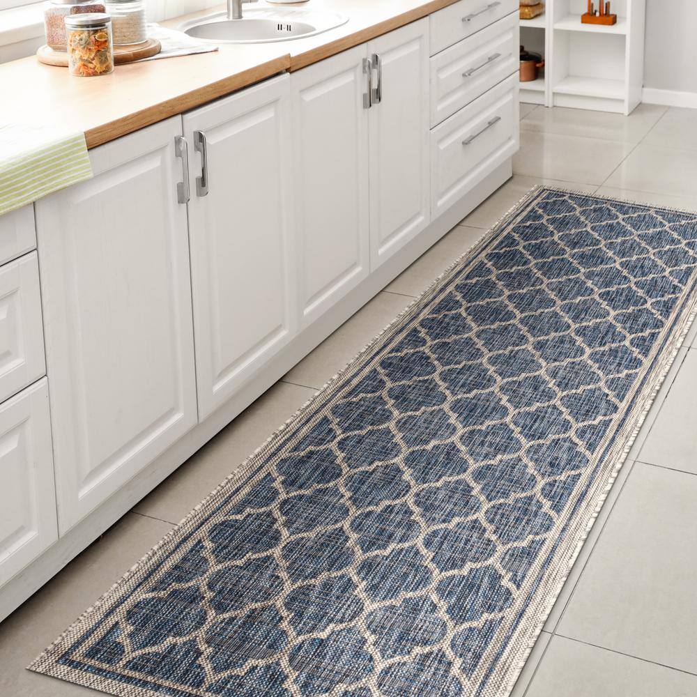 Navy and Gray Synthetic Moroccan Trellis Runner Rug, 2' x 10'