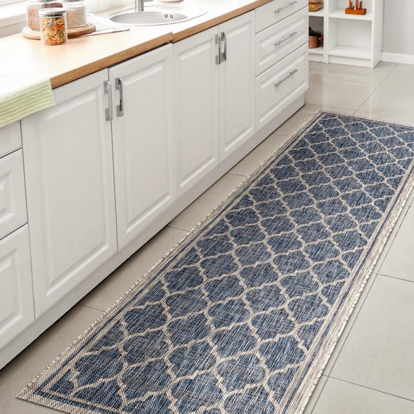 Trebol Moroccan Trellis Textured Weave Navy/Gray 2 ft. x 10 ft. Indoor/Outdoor Runner Rug