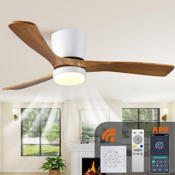 52 in. Brown Wood Ceiling Fans Flush Mount with Lights and Remote 6 Speed DC Motor