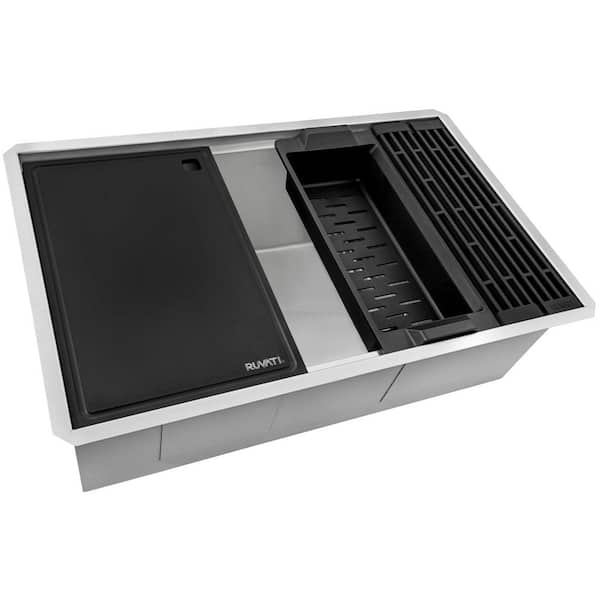 Veniso Nova 33 in. Undermount Single Bowl 16-Gauge Stainless Steel Slope Bottom Offset Drain Workstation Kitchen Sink