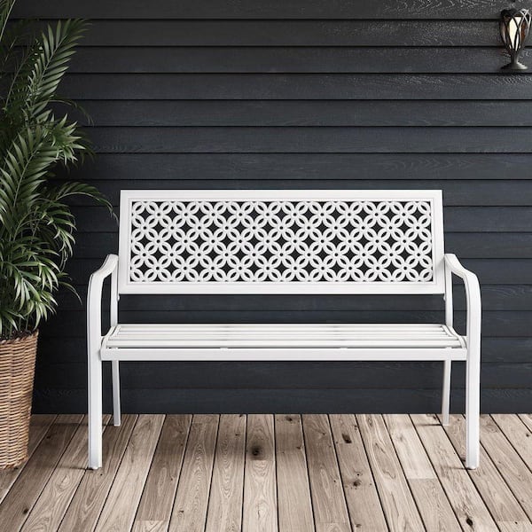 MEOOEM 49.5 in. Outdoor Bench with Back & Armrest, All Weather Metal ...