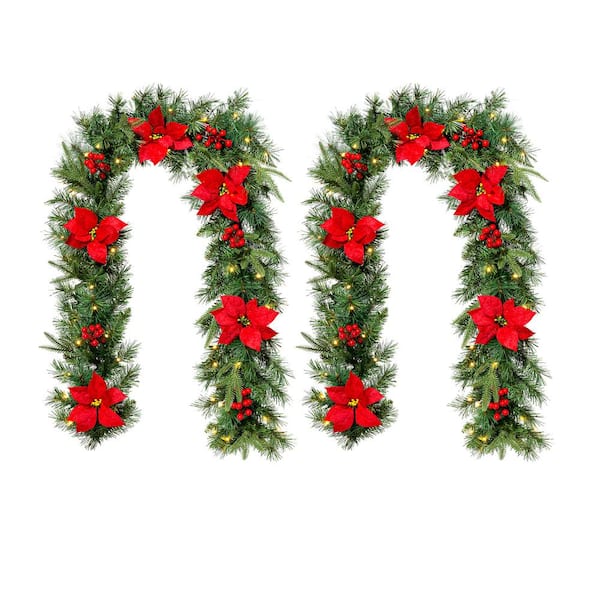 Glitzhome 6 ft. L PreLit Greenery Pine Red Poinsettia and Berries Christmas Garland, with 50 Warm White Lights and Timer(Set of 2)