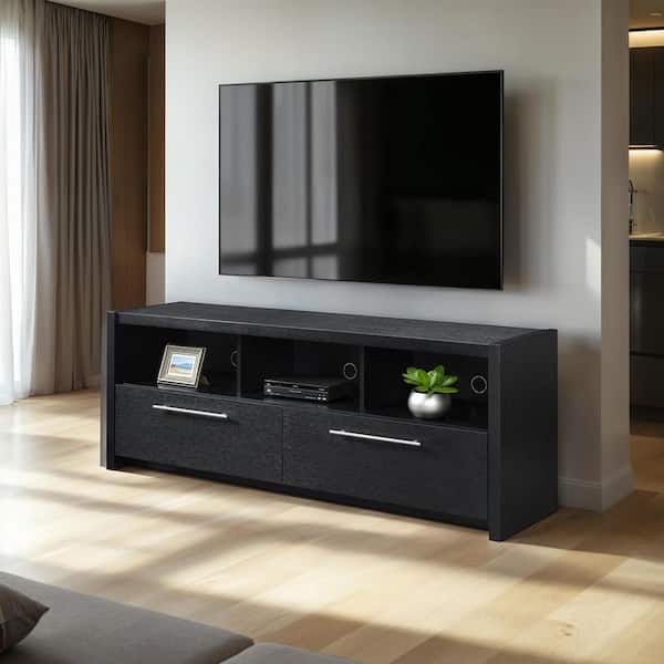 Newport Marbella 60 in. Black Wood TV Stand with Cabinets and Shelves for TVs up to 65 in.