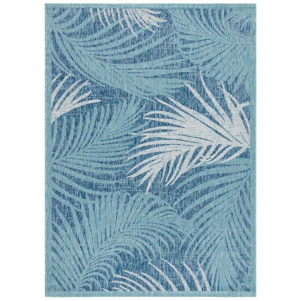 SAFAVIEH Courtyard Aqua/Navy 5 ft. x 8 ft. Border Leaf Abstract Indoor/Outdoor Patio  Area Rug