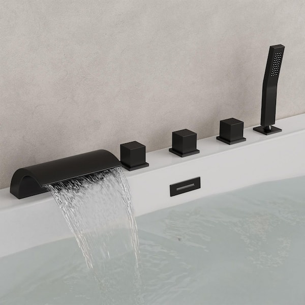 3 Handle Deck Mount Waterfall Roman Tub Faucet with Hand Shower and Anti Scald in Matte Black