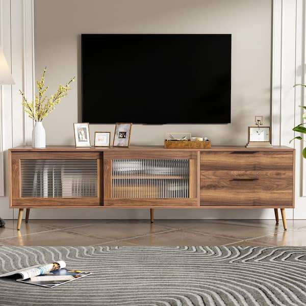 71 in. Walnut TV Stand Entertainment Center Fits TVs up to 80 in. with 2-Glass Doors and 2-Drawers