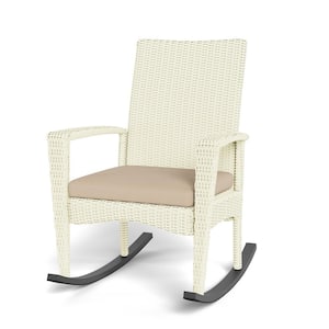 Bayview White Magnolia Wicker Rocking Chair with Fade-Resistant Plush Tan Cushion for Outdoor Patio Seating
