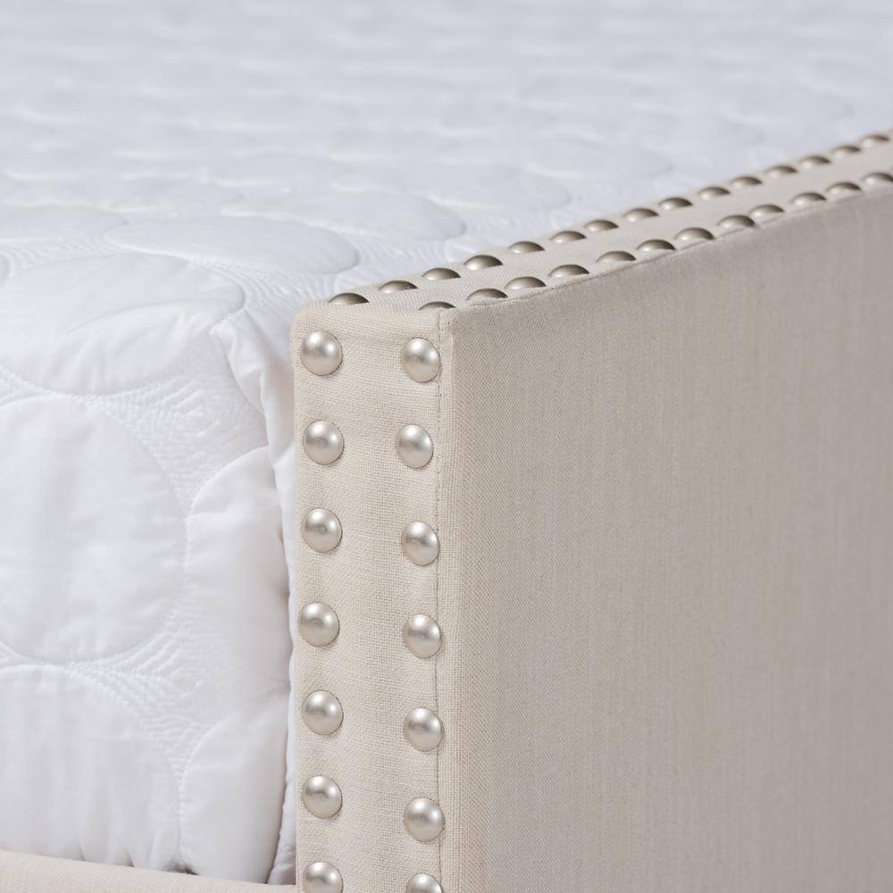 Beige Upholstered Full Size Daybed with Trundle and Nailhead Trim