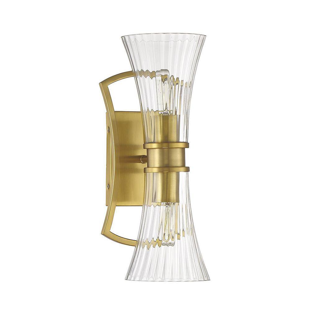 Bennington Warm Brass 2-Light Wall Sconce with Clear Ribbed Glass