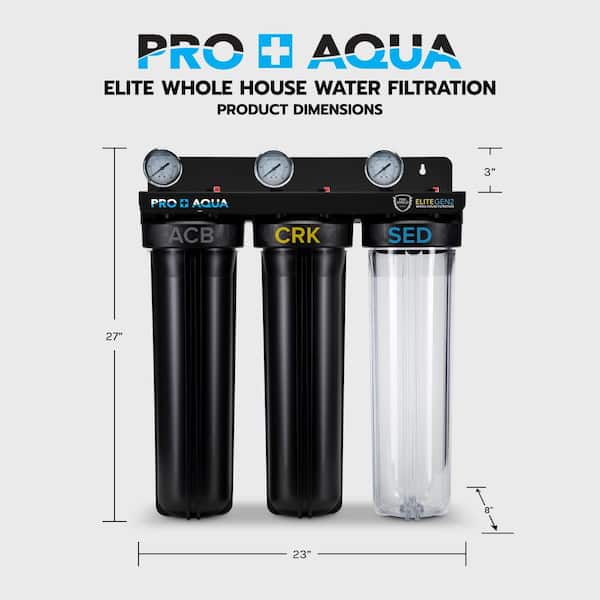 Pro Aqua ELITE Whole House Water Filter 3 Stage Well Water Filtration System with Gauges, PR Button, 1 Ports, Filter Set