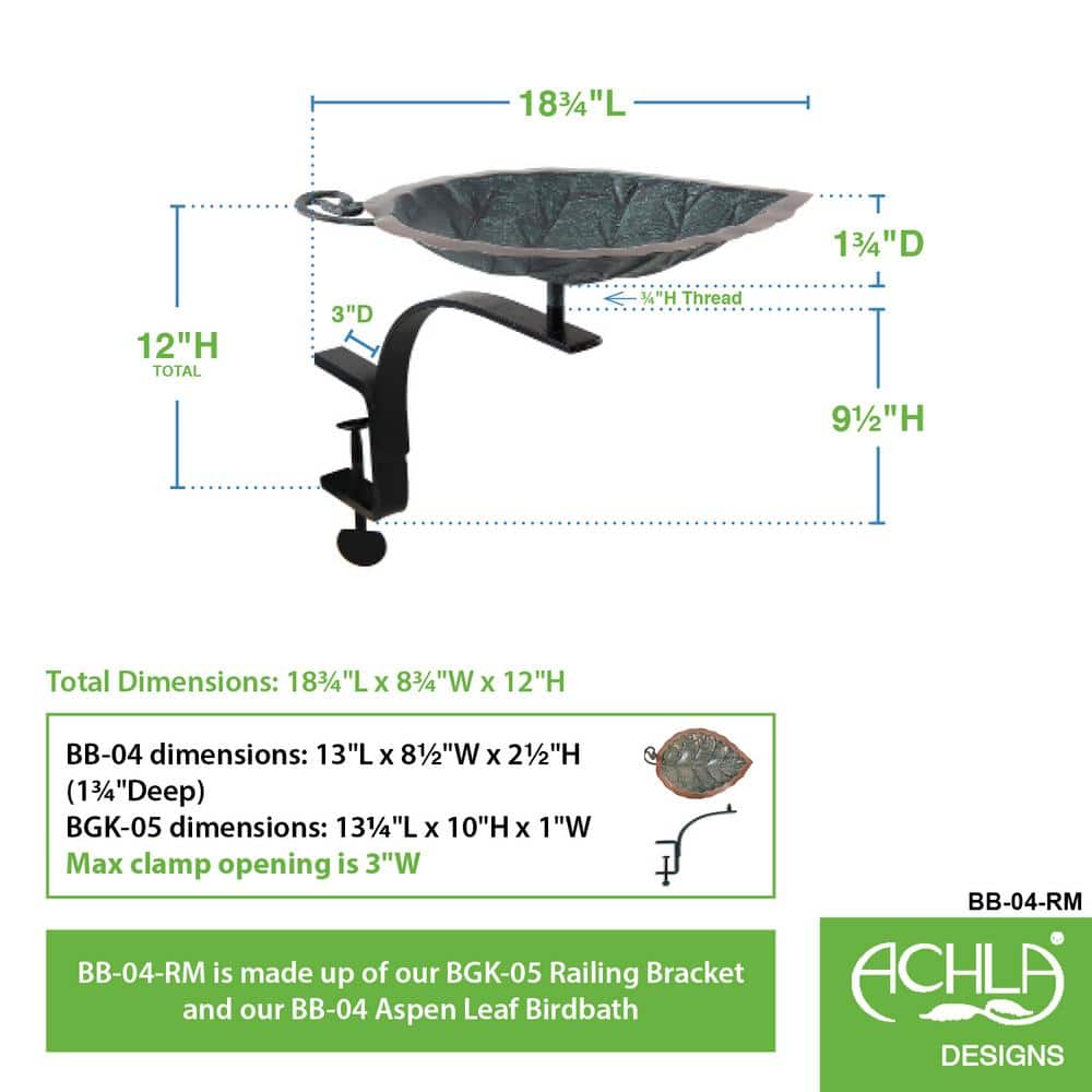 Antique Copper Aspen Leaf Rail-Mounted Birdbath