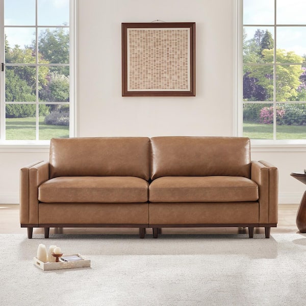 Rowan 83 in. Square Arm 2-Piece Faux Leather Rectangle Modular Sectional Sofa in Camel/2-Piece with Feather Cushions