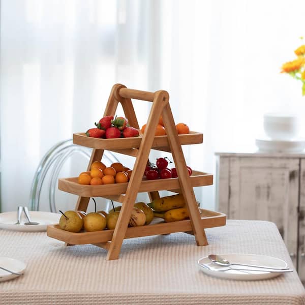 3-Tier Tray Farmhouse Inspired Cupcake Stand Dessert Platter Pastry Holder Display, Beige Rectangular Wood 18 in. W