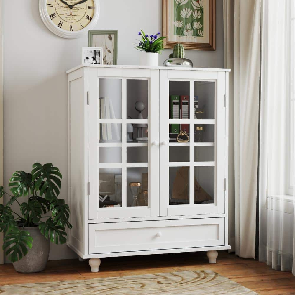 White Buffet Cabinet – Double Glass Doors + Drawer, Scratch-Resistant UV Finish