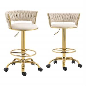 35.43 in Ivory Velvet Swivel Adjustable Metal Counter Bar Stools Chairs with Wheels Set of 2