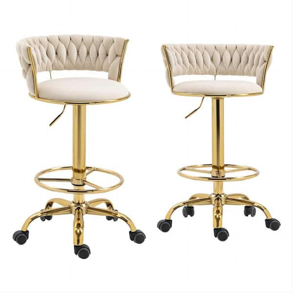 HOMEFUN 35.43 in Ivory Velvet Swivel Adjustable Metal Counter Bar Stools Chairs with Wheels Set of 2