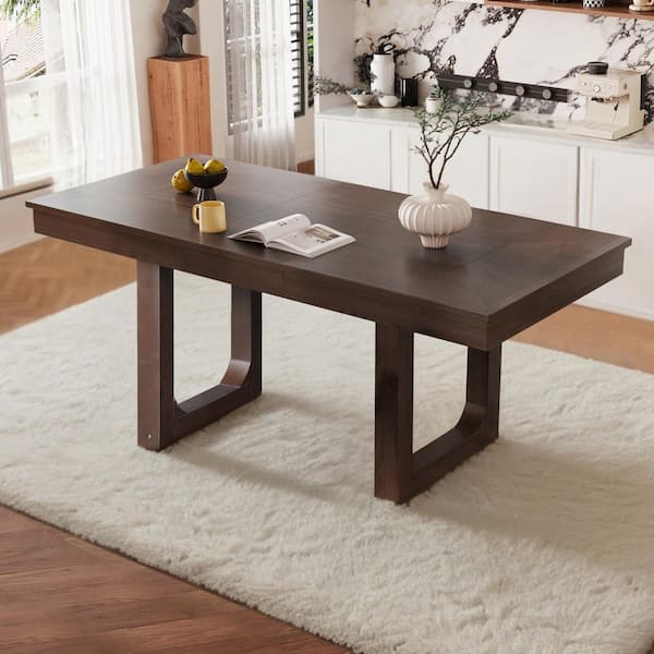 Rex Modern Brown Wood Top 77.28 in. Trestle Base Dining Table Seats 6 Walnut Finish with Removable Leaf