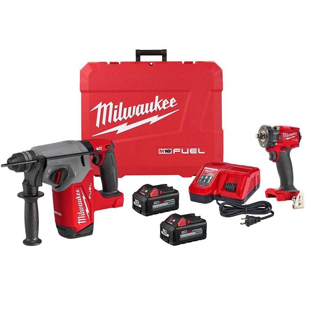 Milwaukee M18 FUEL 18V Lithium-Ion Brushless 1 in. Cordless SDS-Plus Rotary Hammer Kit with 1/2 in. Compact Impact Wrench -  2912-22-2855-20