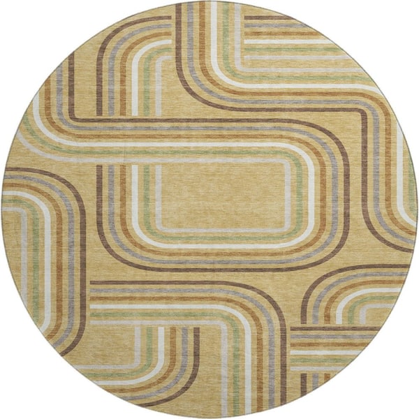Mayfield Premium Machine Washable Abstract AMF2535 Gold 8 ft. x 8 ft. Round Rug