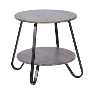 Black Round Metal 2 Tiers Outdoor Coffee Table, Brown Top