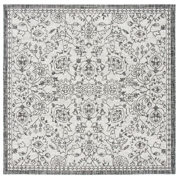 Courtyard Gray/Black 7 ft. x 7 ft. Floral Ornate Abstract Indoor/Outdoor Square Area Rug