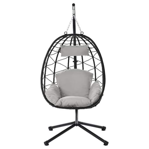 37.4 in. W 1-Persons Black Steel and Wicker Patio Swing Egg Chair with Stand Hanging with Light Grey Cushion