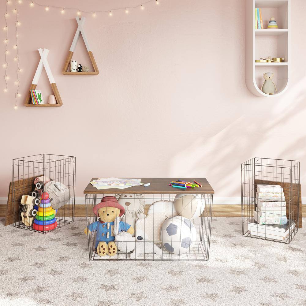 Brown Woodgrain and Black Metal Basket Storage Table Set