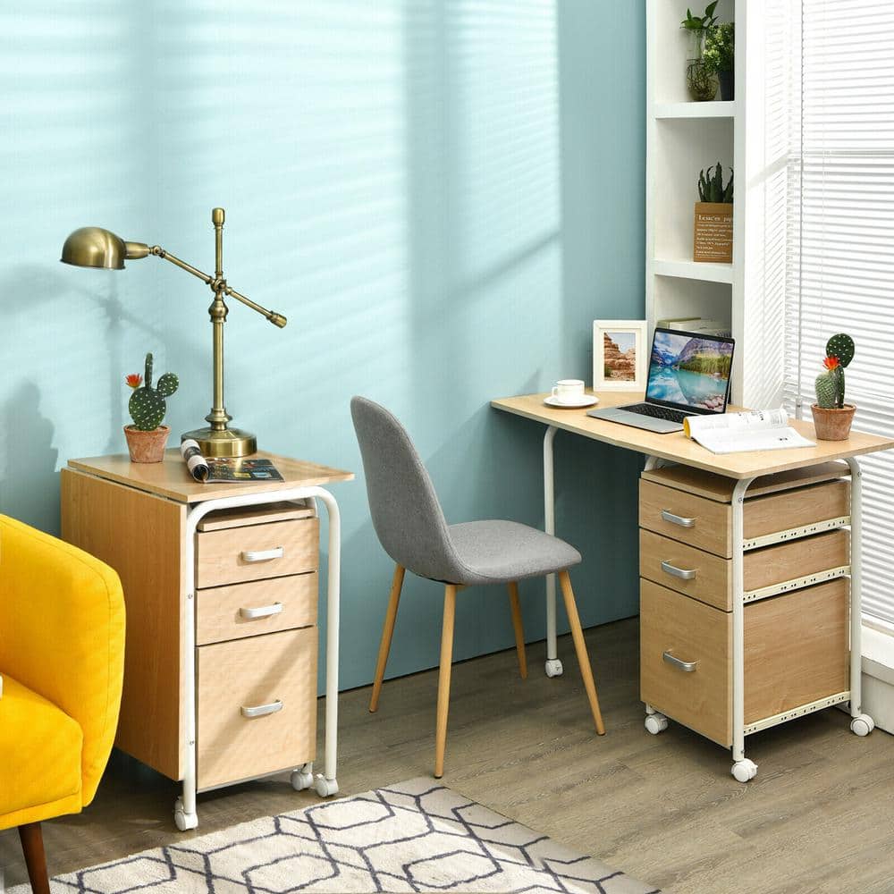 Oak Foldable Computer Desk with Drawers and Wheels