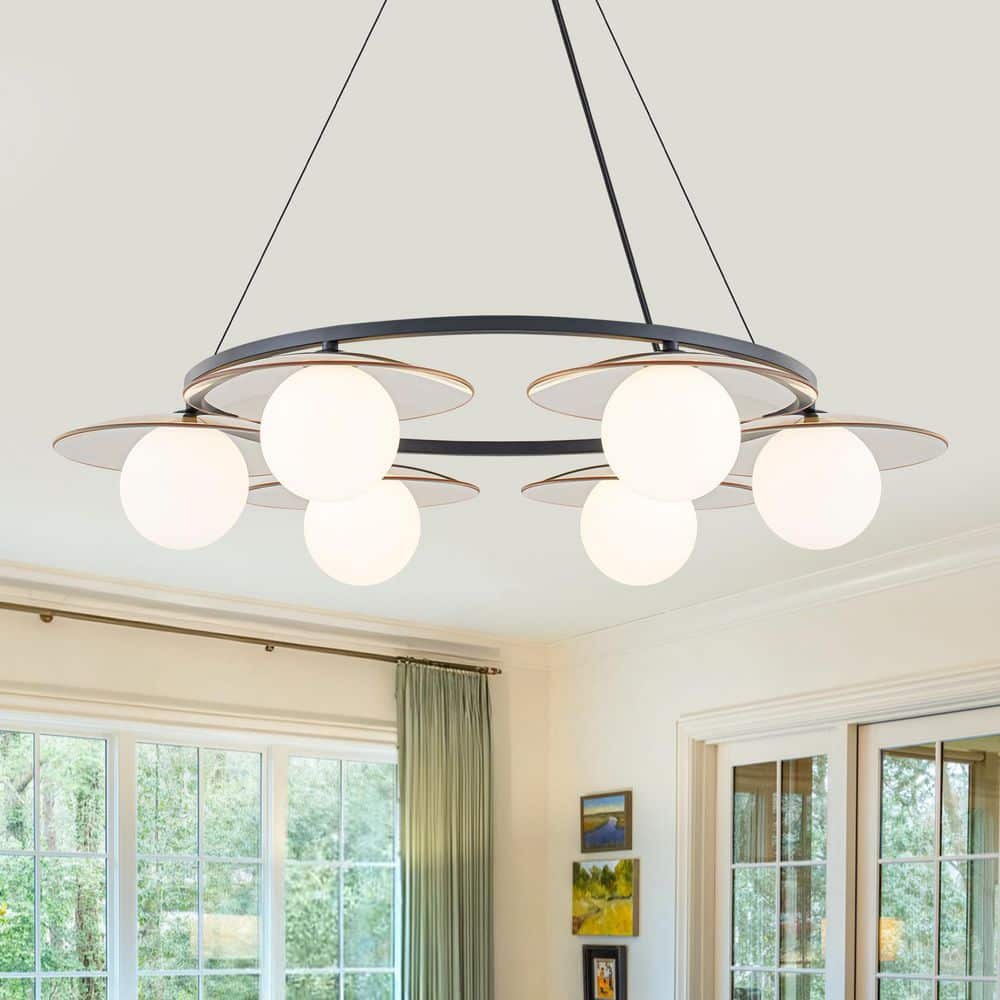 33 in. 6-Light Modern Matte Black Circle Chandelier with White Glass Shades for Dining Room price history on PriceWatchPro