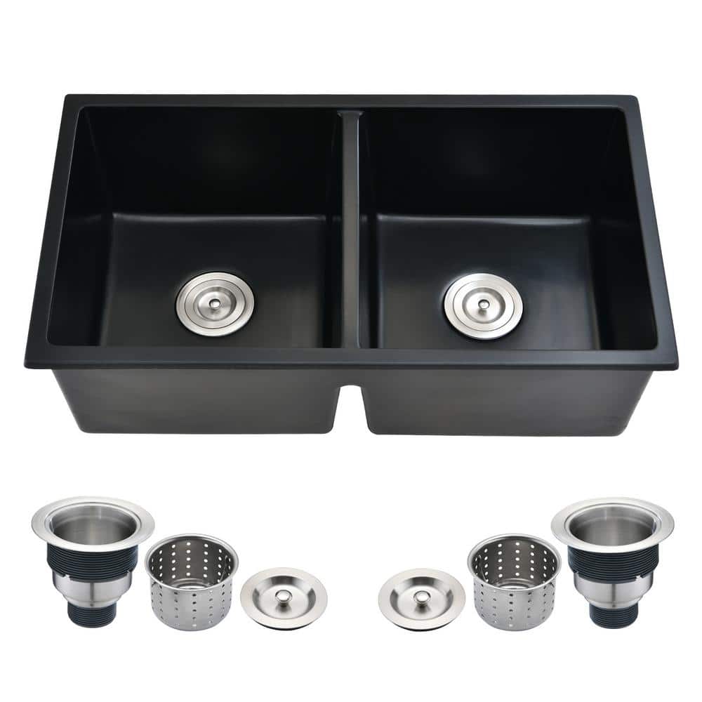Matte Black Quartz Double Bowl Undermount Kitchen Sink with Basket Strainer