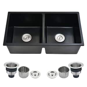 33 in. Undermount Double Bowl Black Quartz Kitchen Sink with Drainers and Strainer Baskets