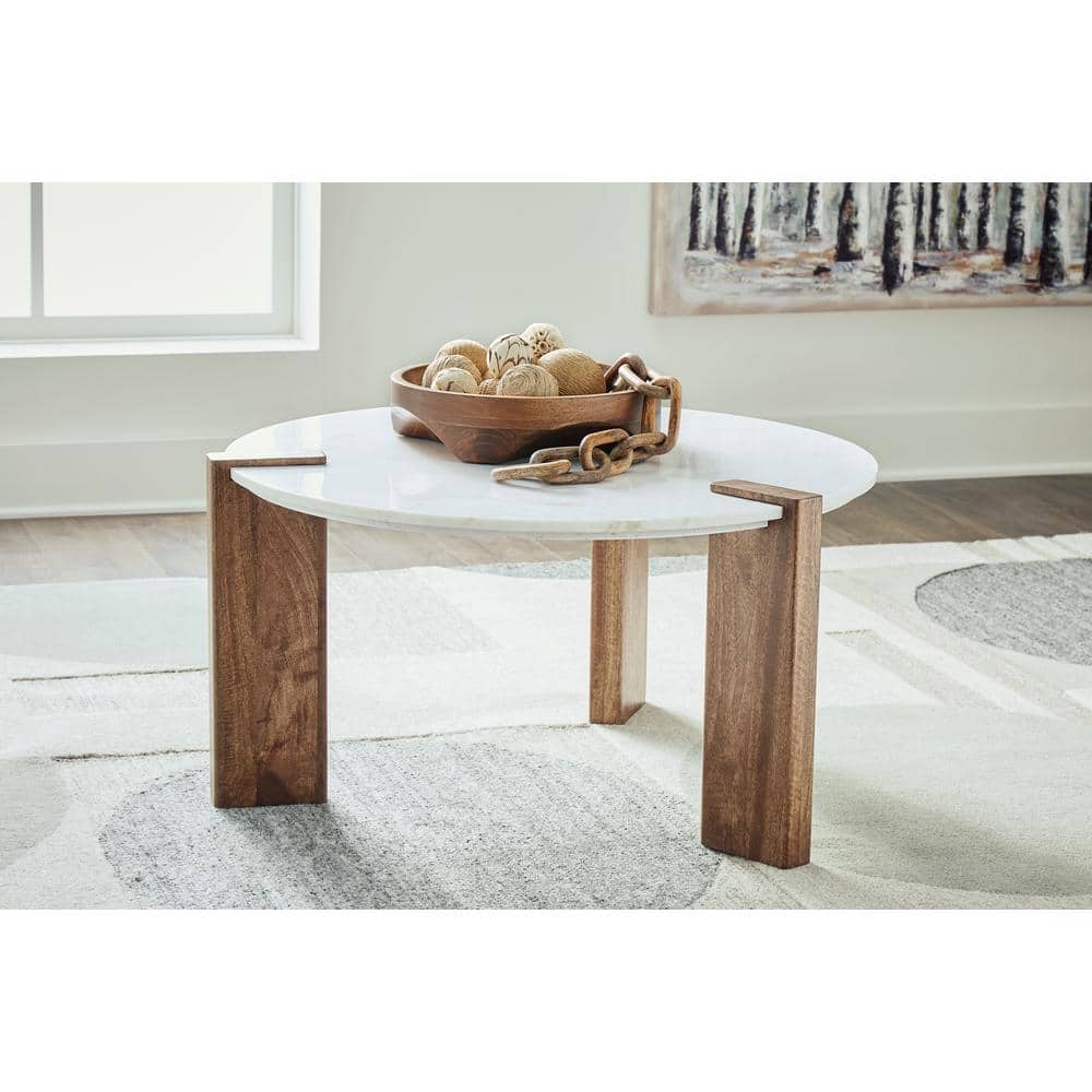 Round White Marble Top Coffee Table with Brown Wood Base