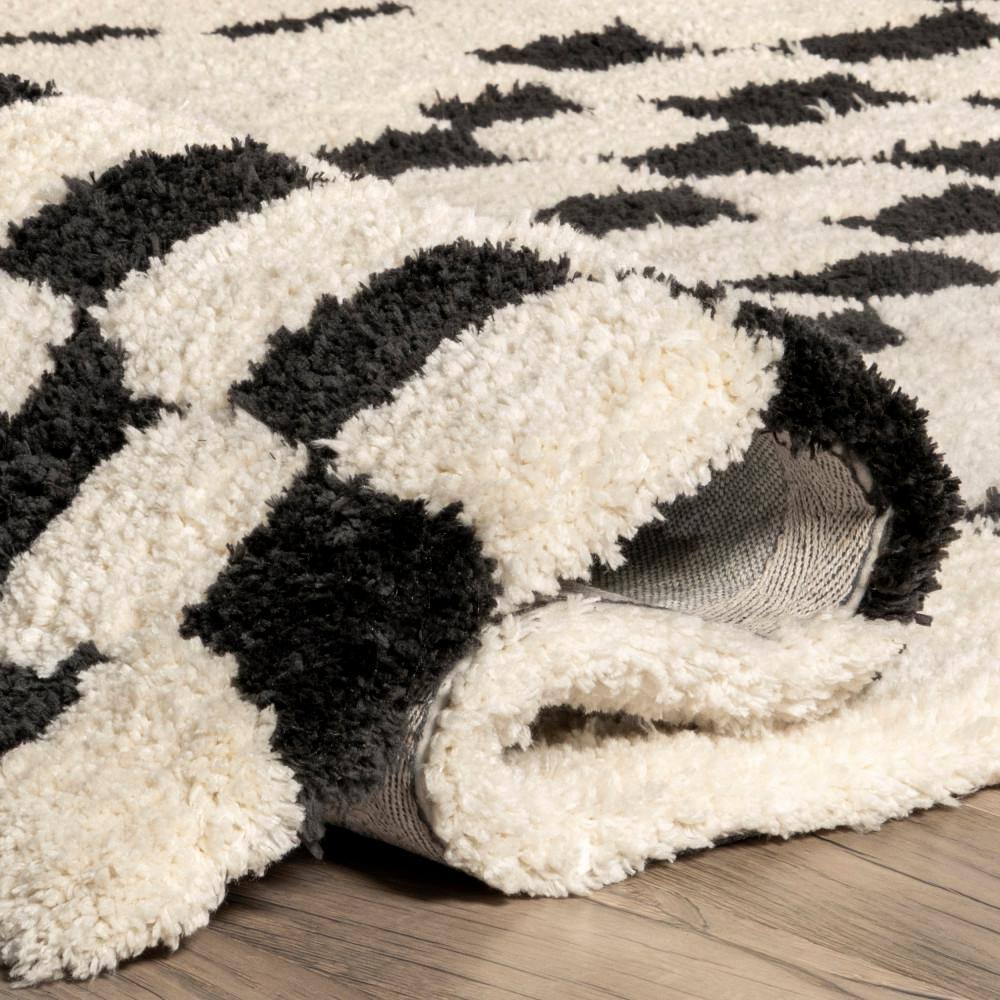 Ivory and Black Checkered Shag Synthetic Area Rug