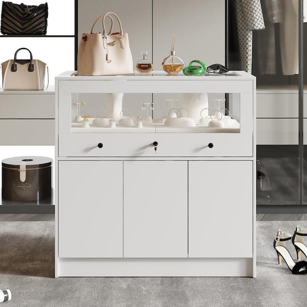 FUFU&GAGA White 39.4 in. H Storage Cabinet Bedroom Dresser Armoire Island with Glass Top, Glass Side Lockable Drawer, Cabinet