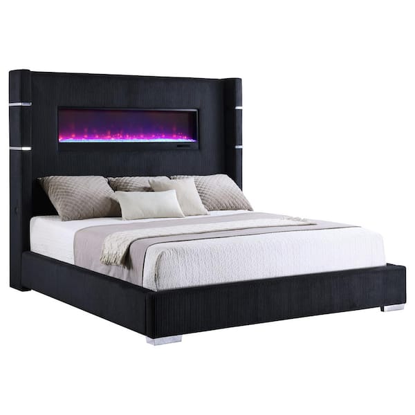 Coaster Tisdall Black Wood Frame Upholstered Queen Panel Bed with Fireplace and Wingback Headboard